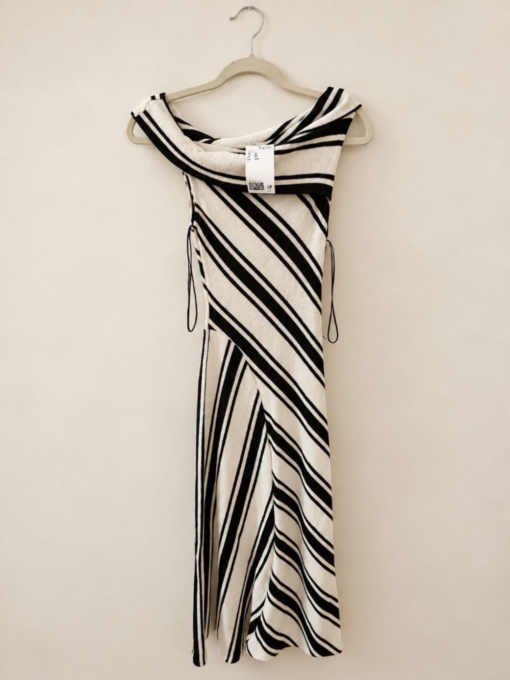 Black & White Striped Draped Midi Dress